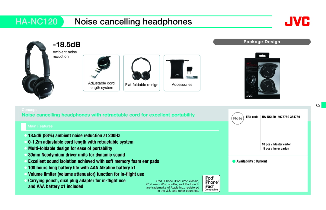JVC HAFX40R manual HA-NC120 Noise cancelling headphones, 18.5dB 