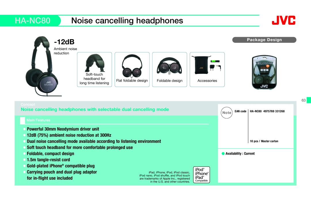JVC HAFX40R manual HA-NC80, Noise cancelling headphones, 12dB, Package Design 