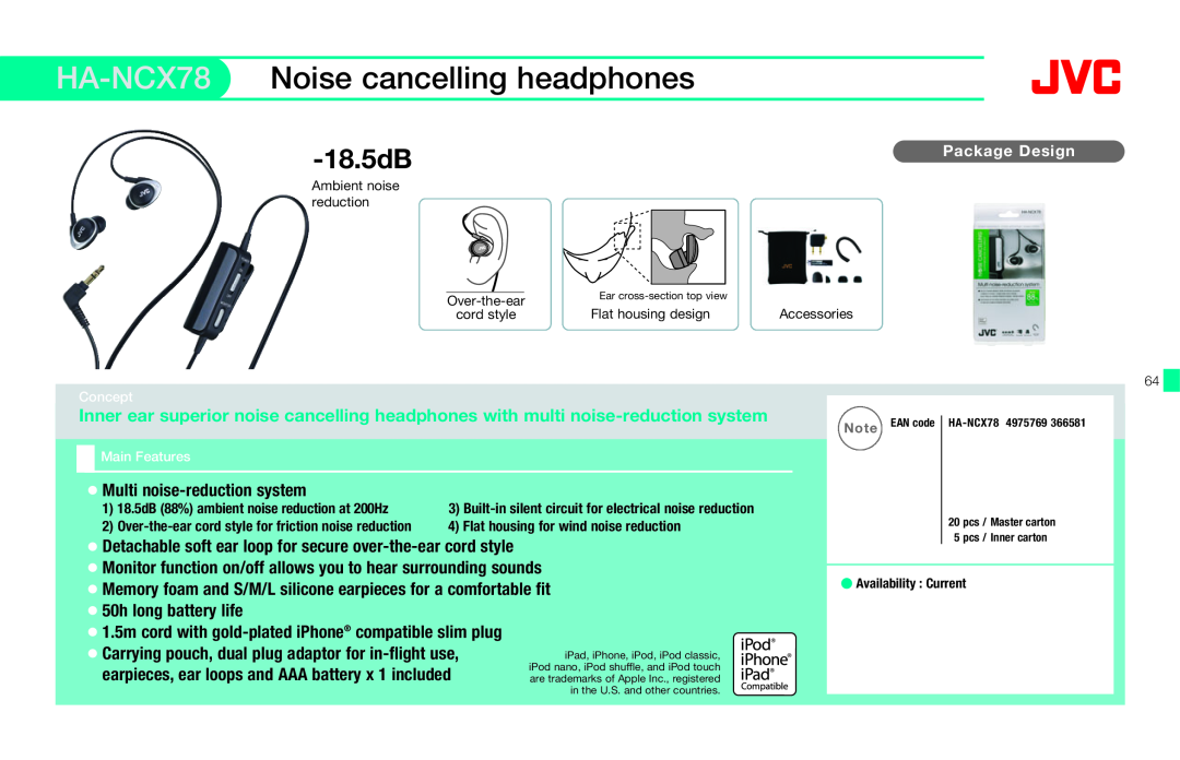 JVC HAFX40R manual HA-NCX78, Noise cancelling headphones, 18.5dB, Multi noise-reductionsystem, 50h long battery life 