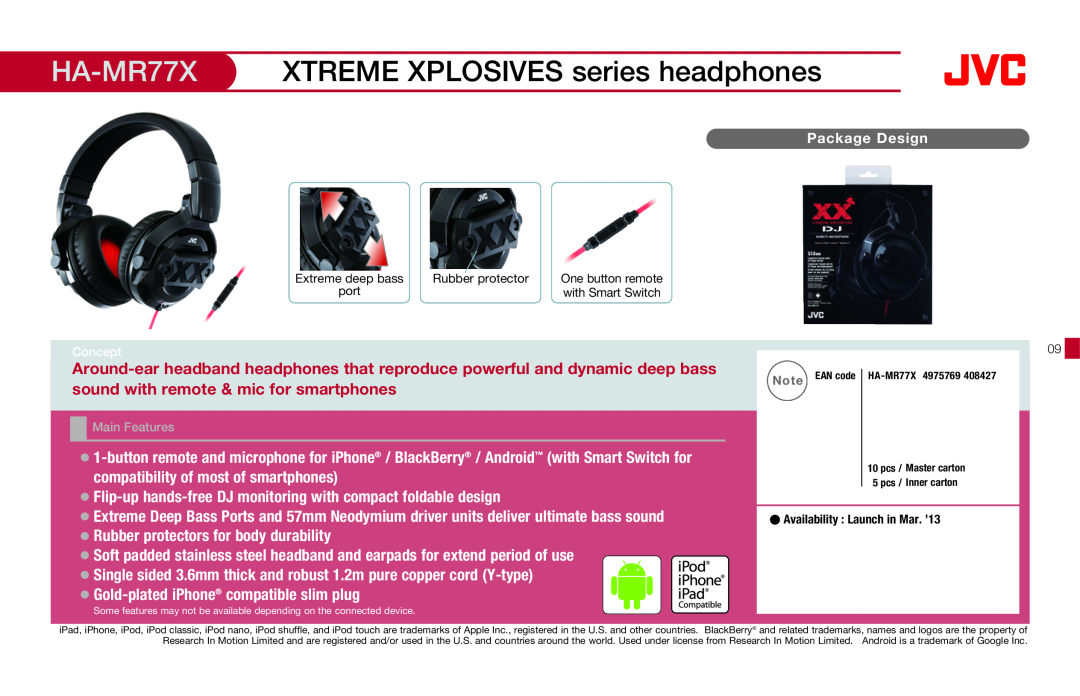 JVC HAFX40R manual HA-MR77X, XTREME XPLOSIVES series headphones 