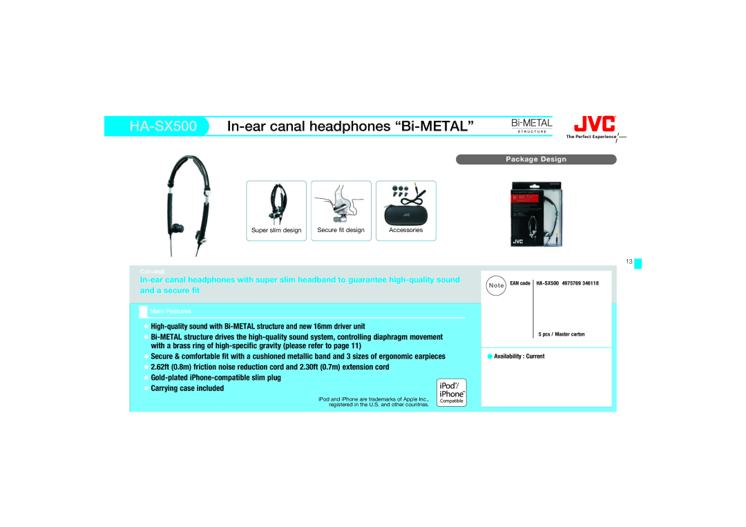 JVC HA-FX67, HAFX67R manual HA-SX500In-ear canal headphones Bi-METAL 