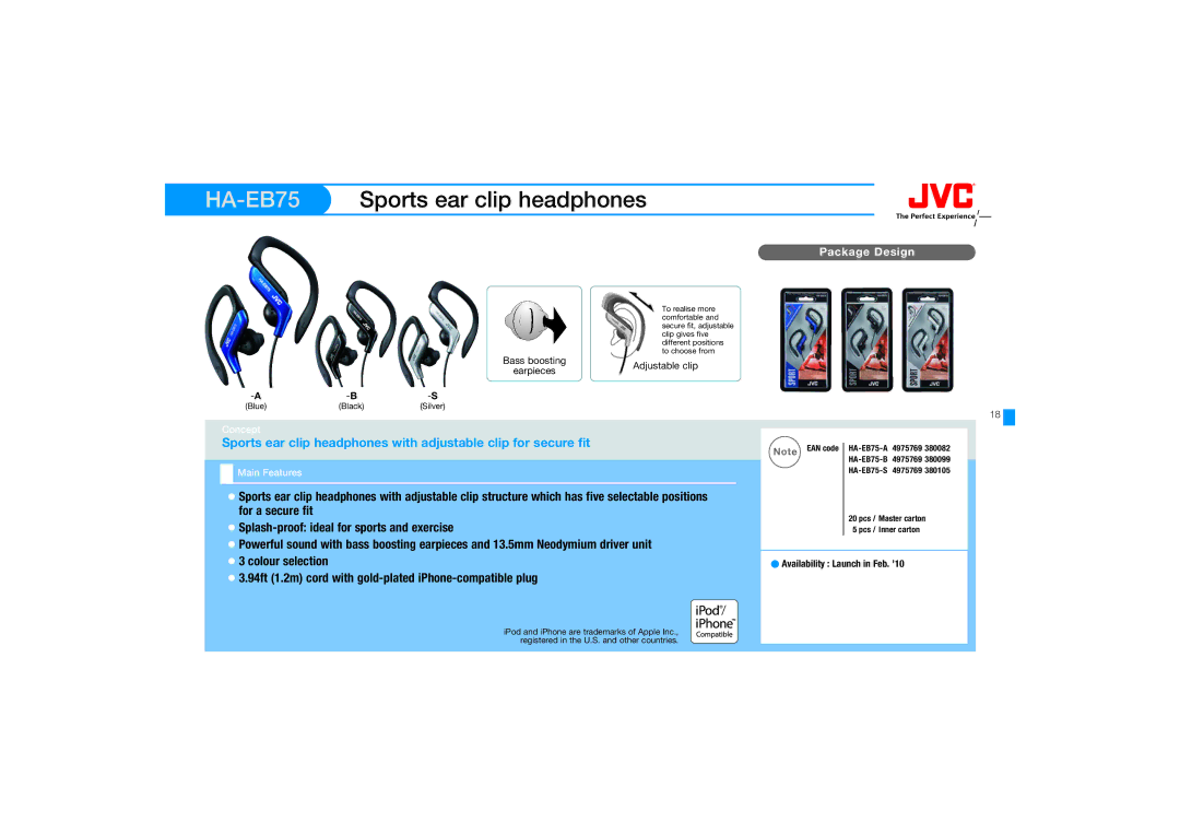 JVC HAFX67R, HA-FX67 manual HA-EB75Sports ear clip headphones 