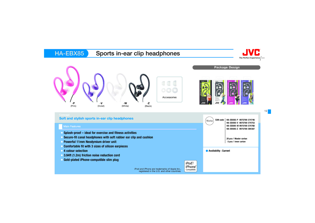 JVC HA-FX67, HAFX67R manual Sports in-ear clip headphones, Splash-proof ideal for exercise and fitness activities 