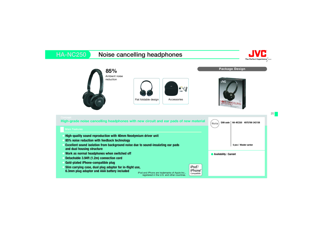 JVC HAFX67R, HA-FX67 manual HA-NC250Noise cancelling headphones, 85% 