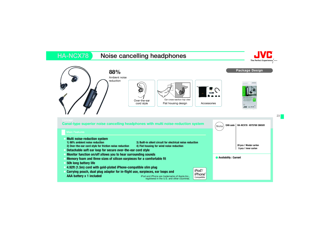 JVC HA-FX67, HAFX67R manual HA-NCX78Noise cancelling headphones, Multi noise-reduction system, 50h long battery life 