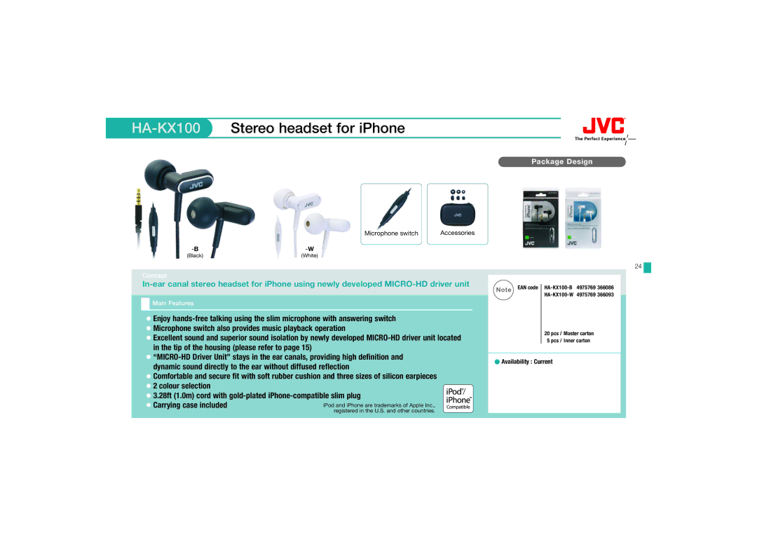 JVC HAFX67R, HA-FX67 manual HA-KX100Stereo headset for iPhone 