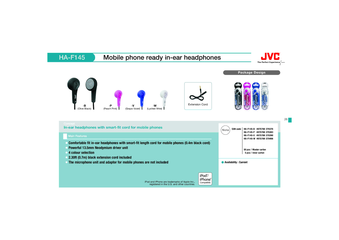 JVC HAFX67R, HA-FX67 manual HA-F145Mobile phone ready in-ear headphones, Powerful 13.5mm Neodymium driver unit 