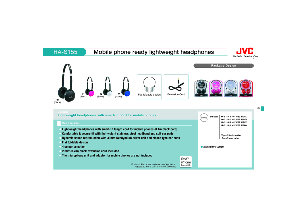 JVC HA-FX67, HAFX67R manual HA-S155Mobile phone ready lightweight headphones, Flat foldable design 