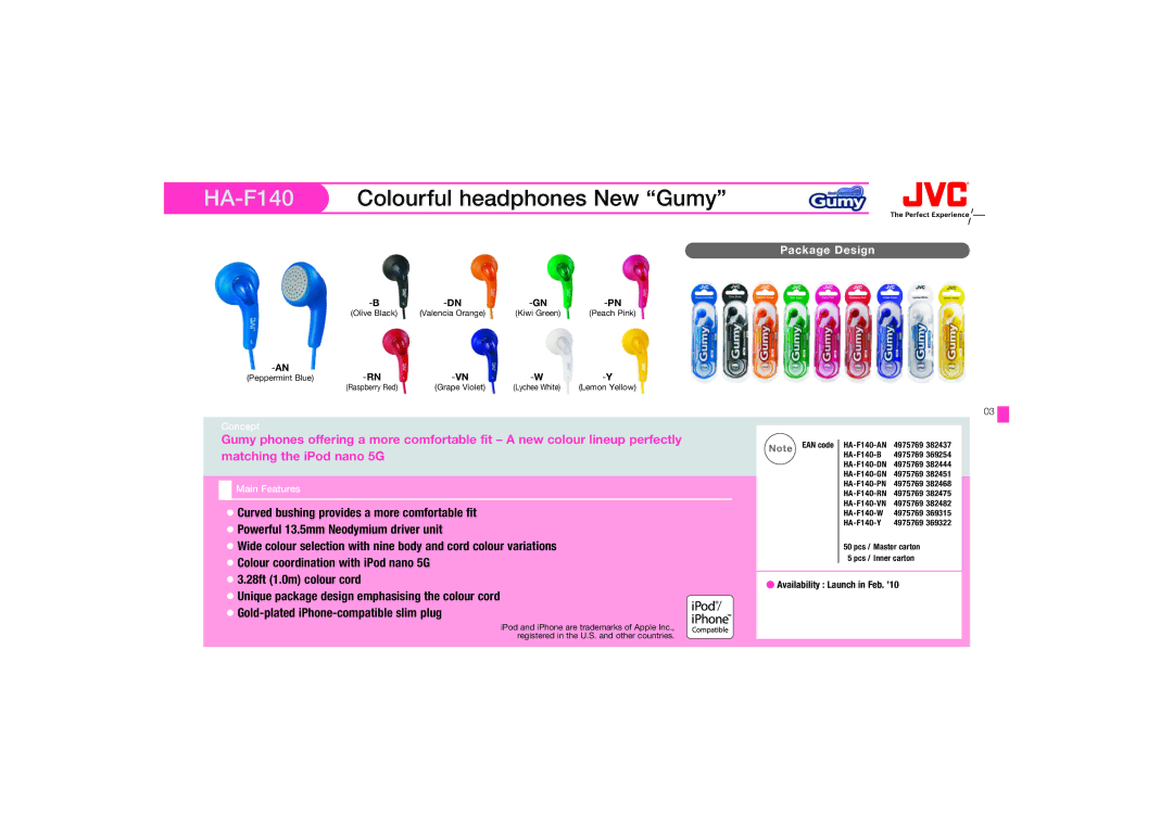 JVC HA-FX67, HAFX67R manual HA-F140Colourful headphones New Gumy, Gold-plated iPhone-compatible slim plug 