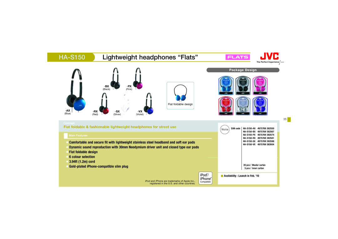 JVC HA-FX67, HAFX67R manual HA-S150Lightweight headphones Flats 