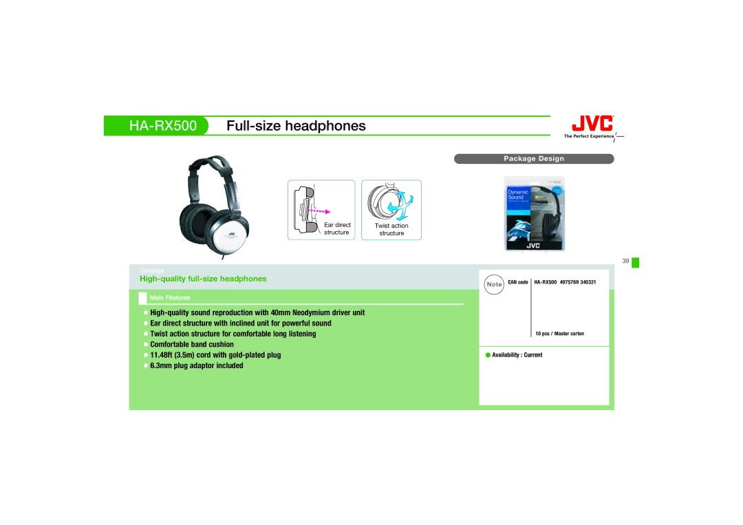 JVC HA-FX67, HAFX67R manual HA-RX500Full-size headphones, High-quality full-size headphones 