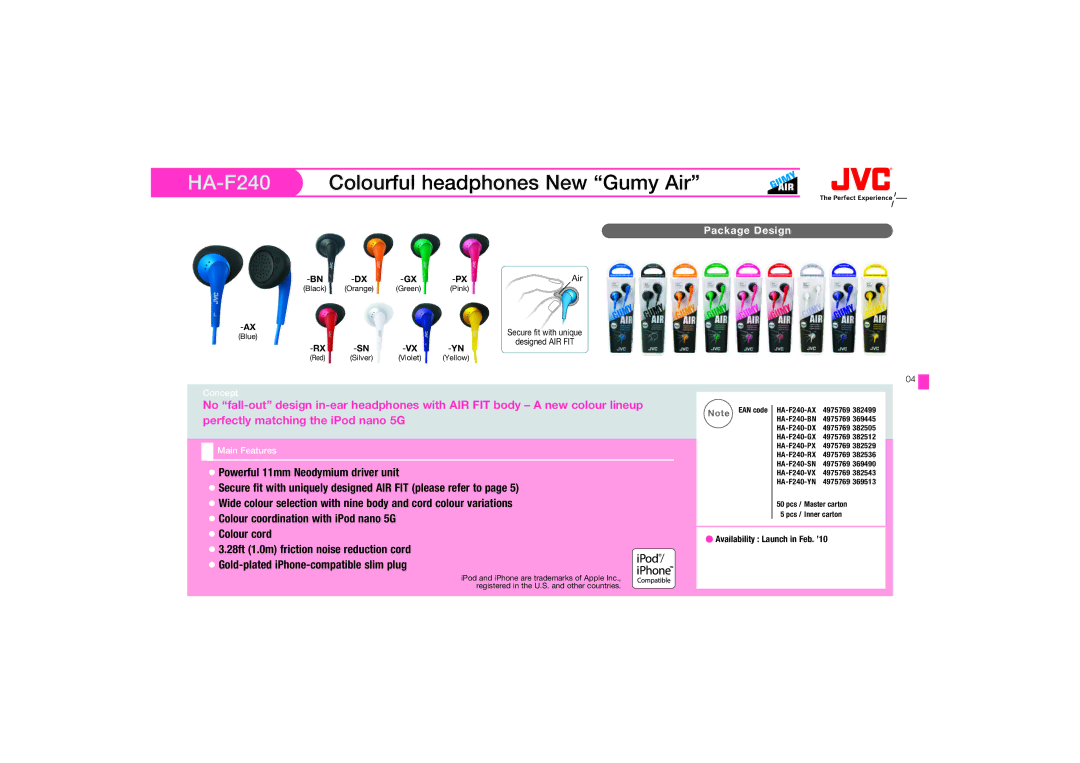 JVC HAFX67R, HA-FX67 manual HA-F240Colourful headphones New Gumy Air, Powerful 11mm Neodymium driver unit 