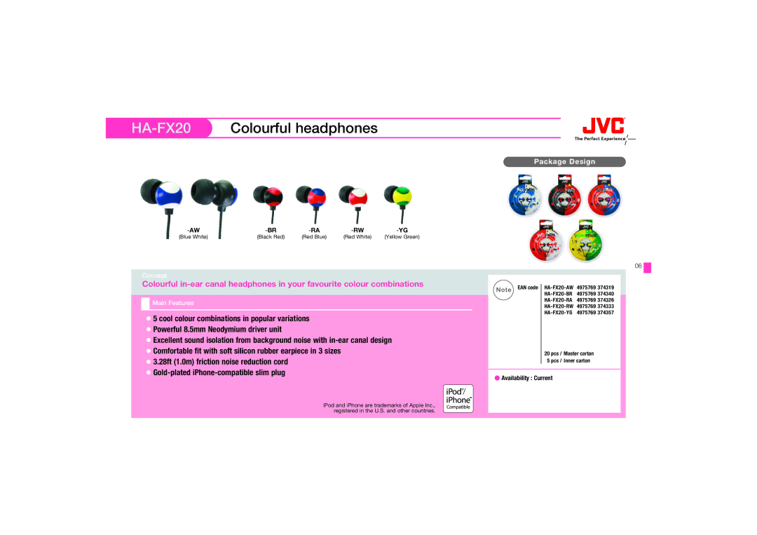 JVC HAFX67R, HA-FX67 manual HA-FX20Colourful headphones 