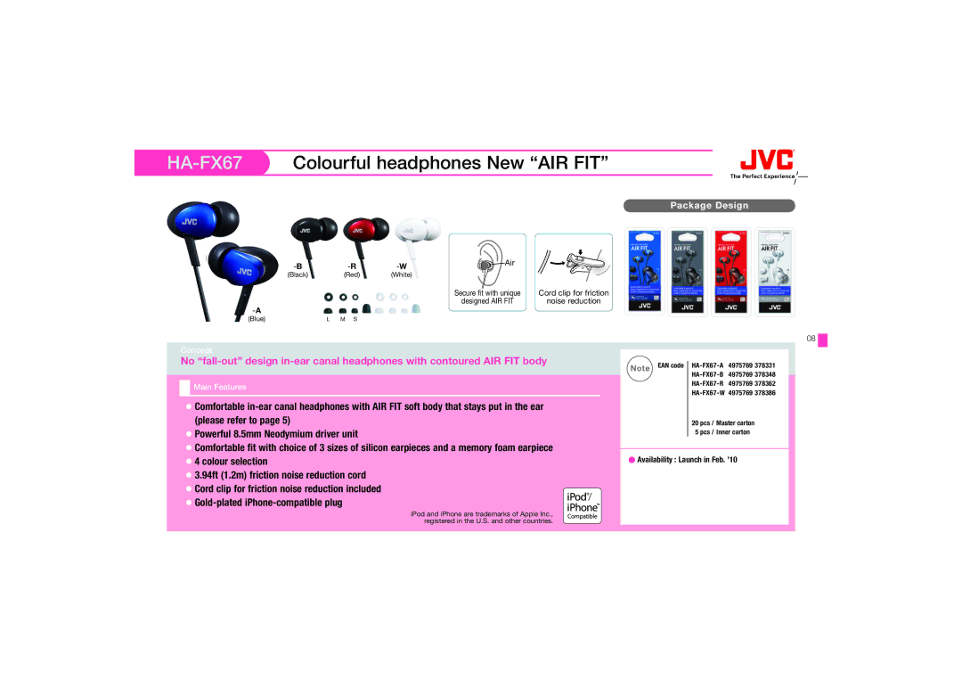 JVC HAFX67R HA-FX67Colourful headphones New AIR FIT, Please refer to, Colour selection, Gold-plated iPhone-compatible plug 