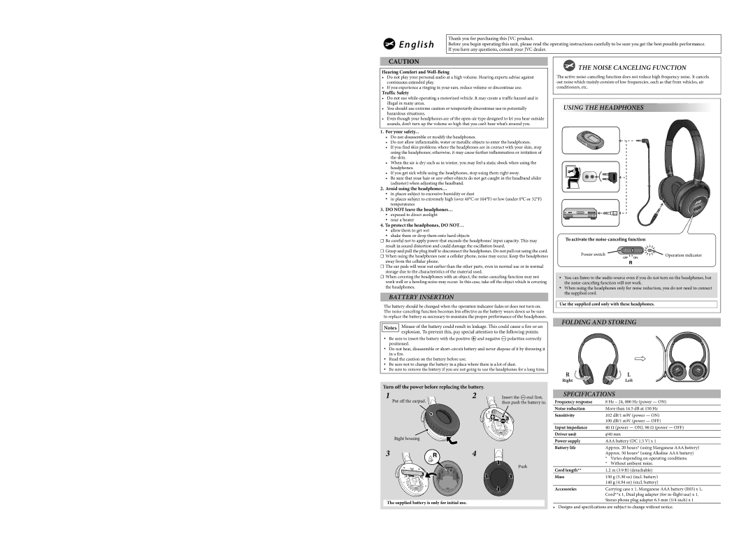 JVC HANC250 Battery Insertion, Noise Canceling Function, Using the Headphones, Folding and Storing, Specifications 