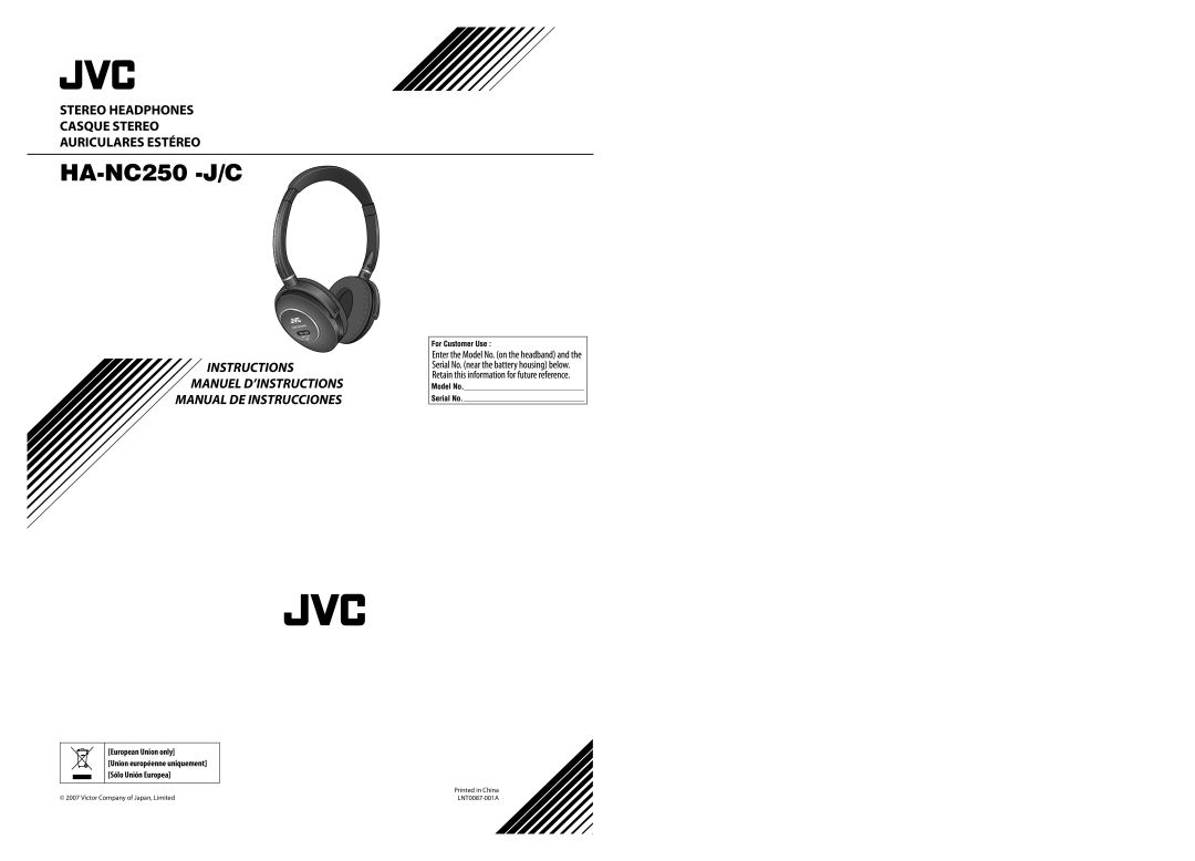 JVC HA-NC250 -J/C specifications Stereo Headphones Casque Stereo, Auriculares Estéreo, Instructions Manuel D’Instructions 