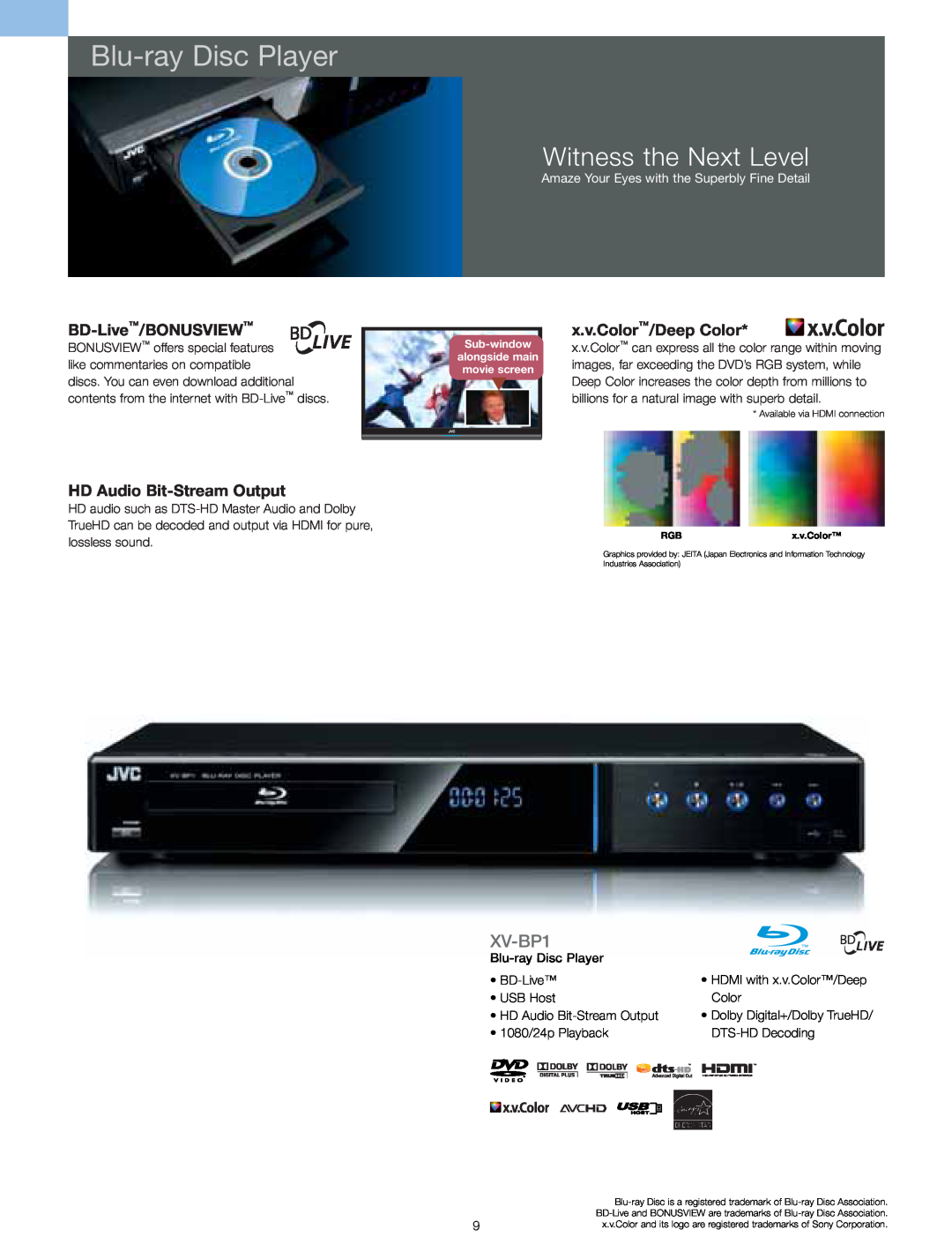 JVC HARX300 manual Blu-rayDisc Player, Witness the Next Level, XV-BP1, HD Audio Bit-StreamOutput, x.v.Color/Deep Color 