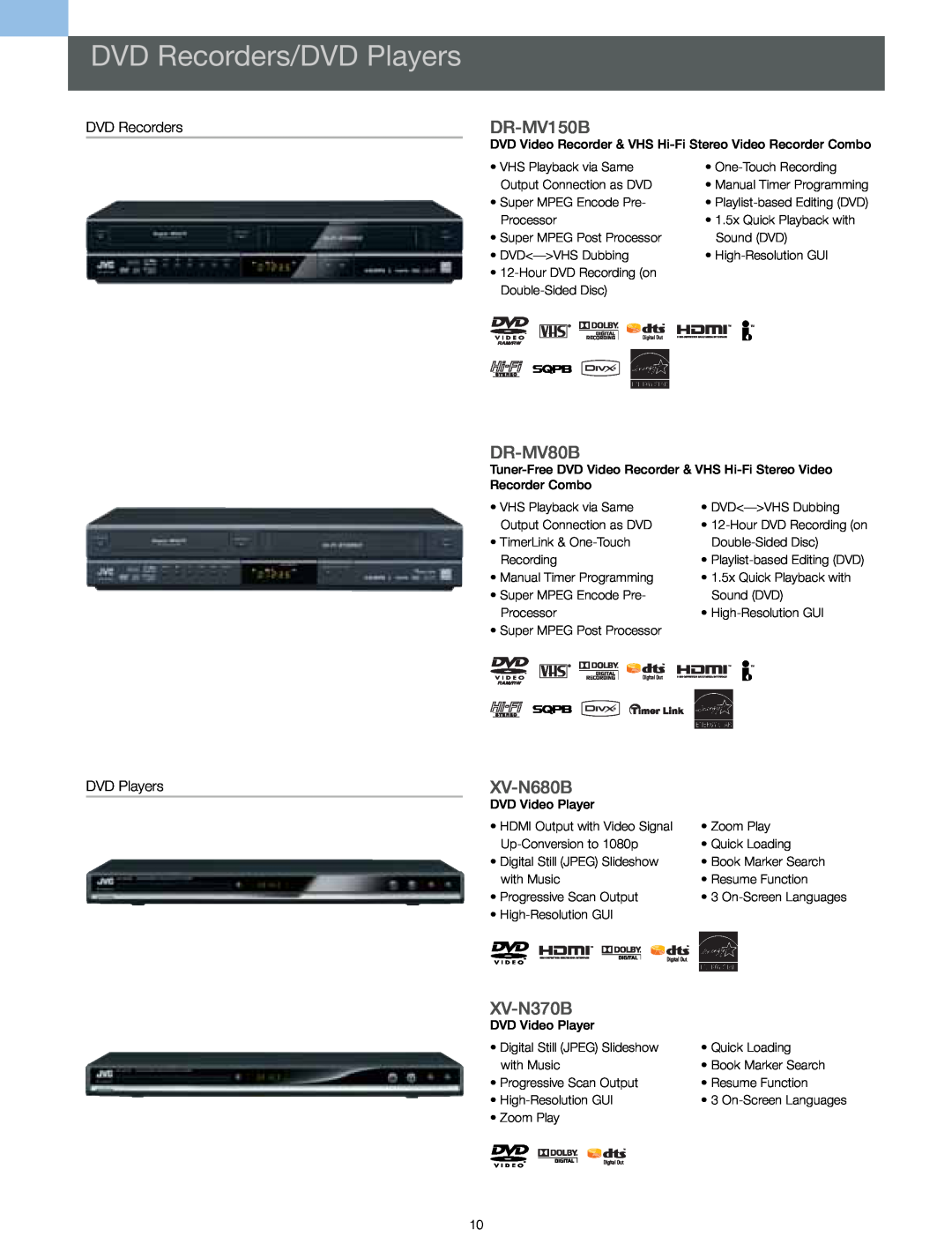 JVC HARX300 manual DVD Recorders/DVD Players, DR-MV150B, DR-MV80B, XV-N680B, XV-N370B 