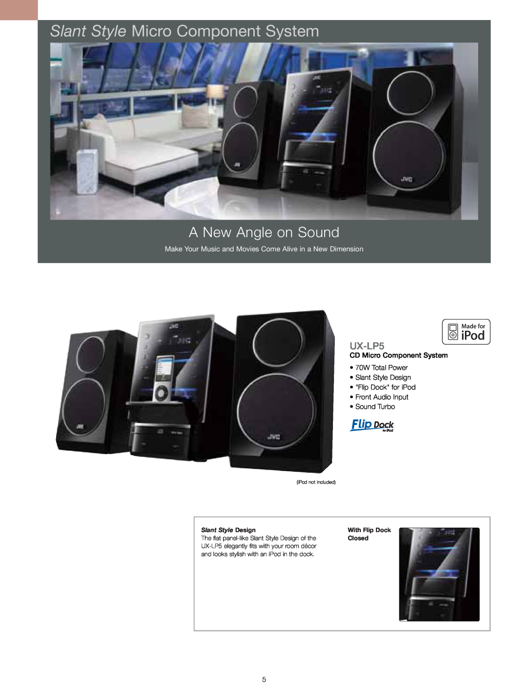 JVC HARX300 Slant Style Micro Component System, A New Angle on Sound, UX-LP5, Slant Style Design, Closed, With Flip Dock 