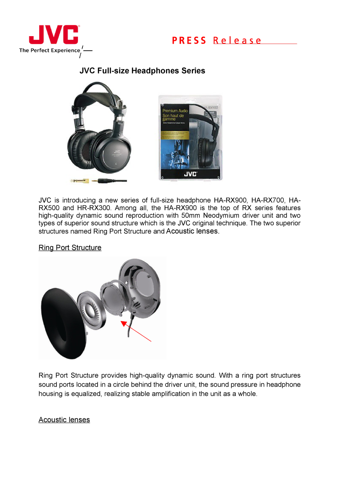 JVC HARX900, HARX700 manual JVC Full-size Headphones Series, Ring Port Structure, Acoustic lenses 