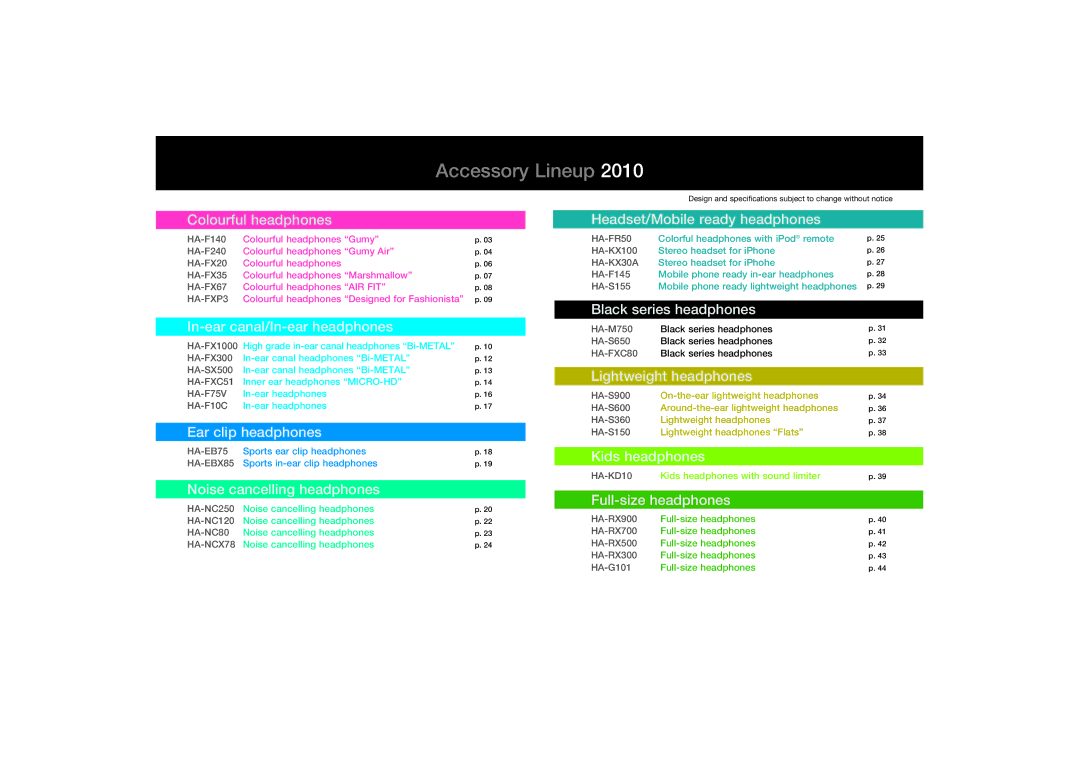 JVC HAS150PX, HAS150AX, HAS150RN, HAFX20RW, HA-F140-A, HAEBX85P, HA-EBX85-Z, HAEBX85W manual Accessory Lineup 