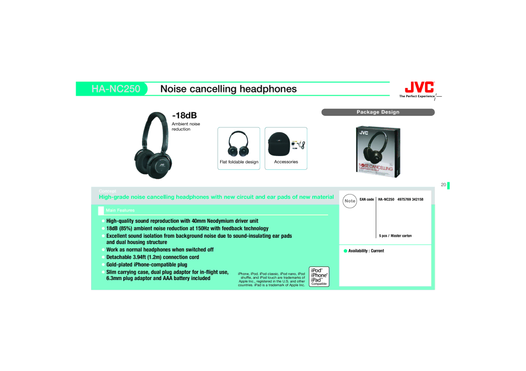 JVC HA-F140-A, HAS150AX, HAS150RN, HAS150PX, HAFX20RW, HAEBX85P, HA-EBX85-Z, HAEBX85W HA-NC250Noise cancelling headphones, 18dB 