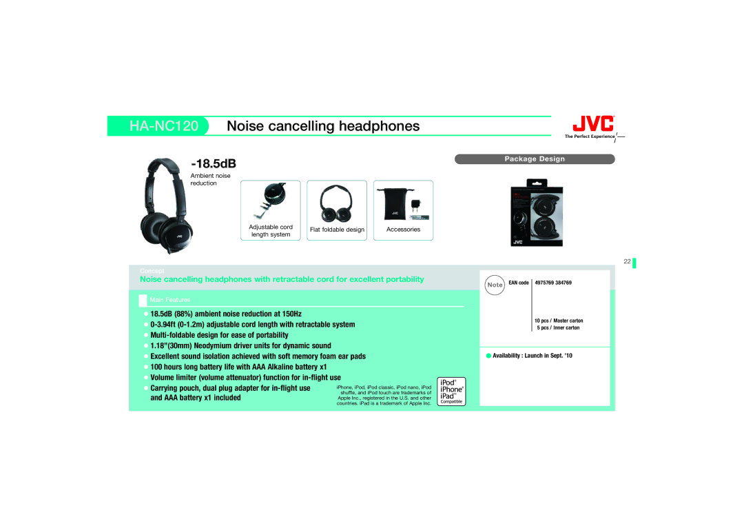 JVC HA-EBX85-Z, HAS150AX, HAS150RN, HAS150PX, HAFX20RW, HA-F140-A, HAEBX85P manual HA-NC120Noise cancelling headphones, 18.5dB 