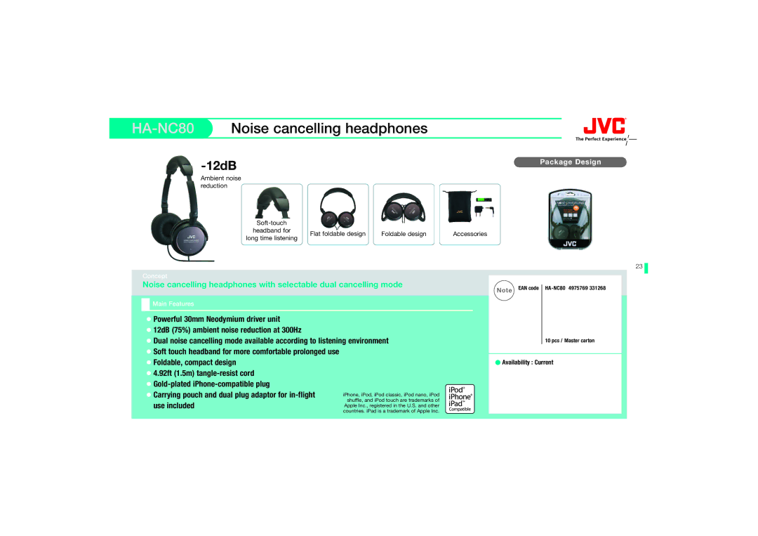 JVC HAEBX85W, HAS150AX, HAS150RN manual Noise cancelling headphones, Foldable, compact design, 92ft 1.5m tangle-resist cord 