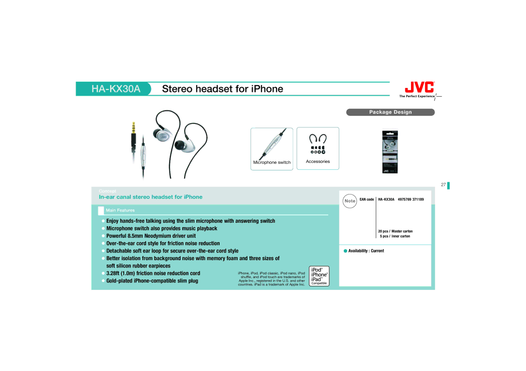 JVC HAFX20RW manual Microphone switch also provides music playback, Over-the-ear cord style for friction noise reduction 