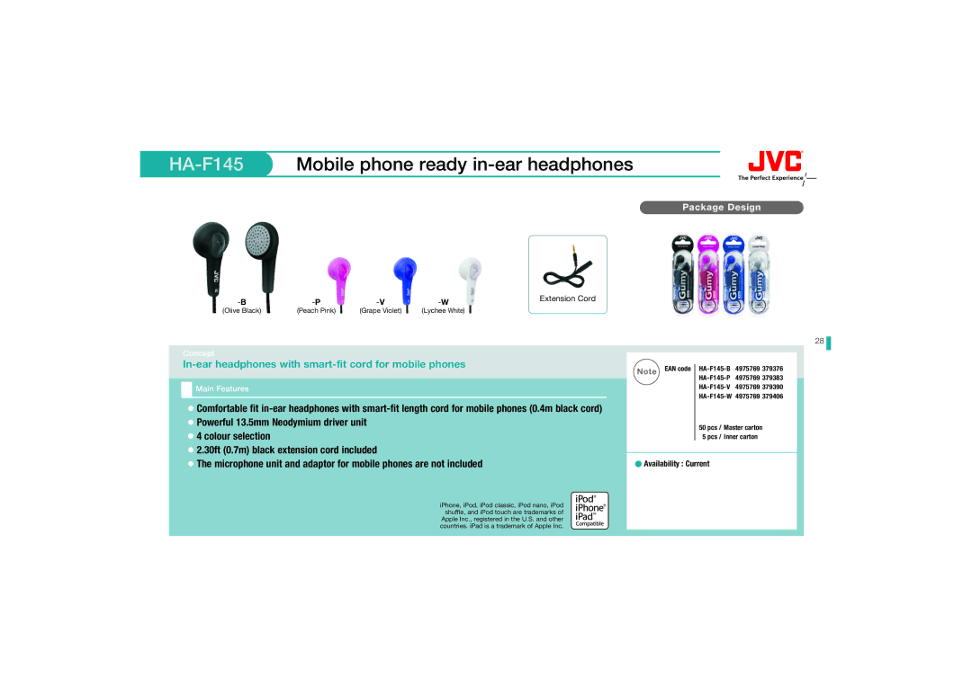 JVC HA-F140-A, HAS150AX, HAS150RN manual HA-F145Mobile phone ready in-ear headphones, Powerful 13.5mm Neodymium driver unit 