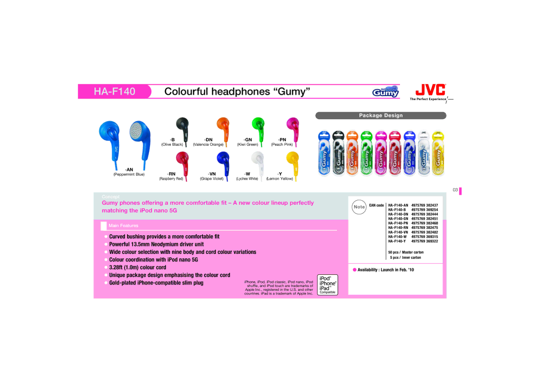 JVC HAFX20RW, HAS150AX, HAS150RN, HAS150PX manual HA-F140Colourful headphones Gumy, Gold-plated iPhone-compatible slim plug 