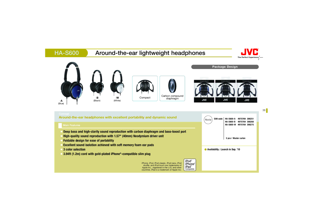 JVC HA-F140-A, HAS150AX, HAS150RN, HAS150PX, HAFX20RW, HAEBX85P, HA-EBX85-Z manual HA-S600Around-the-ear lightweight headphones 