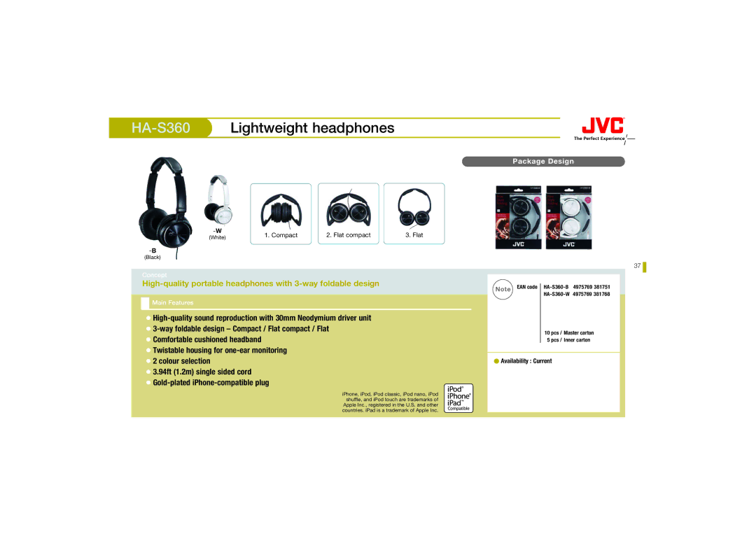 JVC HAEBX85P, HAS150AX, HAS150RN HA-S360Lightweight headphones, High-quality portable headphones with 3-way foldable design 