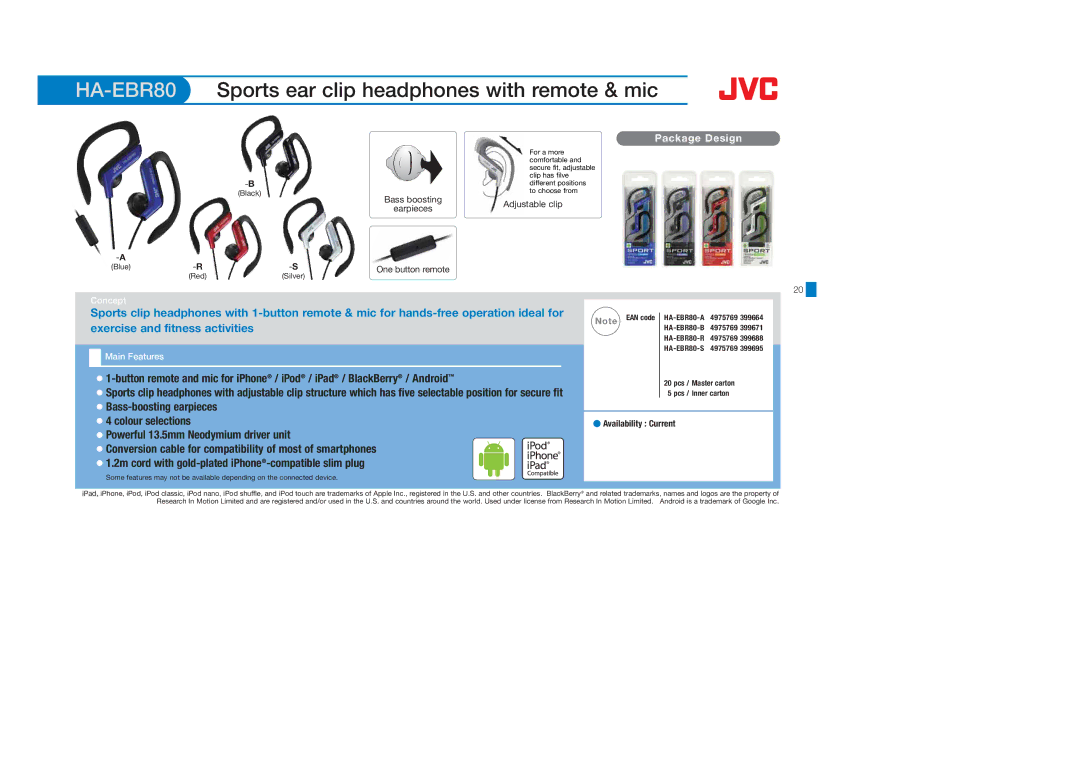 JVC HAFX101G, HAS400W, HAS400B, HAFX40B manual HA-EBR80, Sports ear clip headphones with remote & mic, Bass-boosting earpieces 