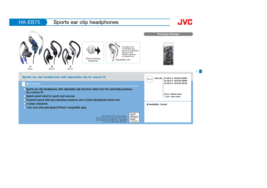 JVC HA-S600-W, HAS400W, HAS400B, HAFX40B, HAFX101R, HAFX5B, HAFX101B, HAFX101G, HA-FX5B, HA-S650 HA-EB75Sports ear clip headphones 