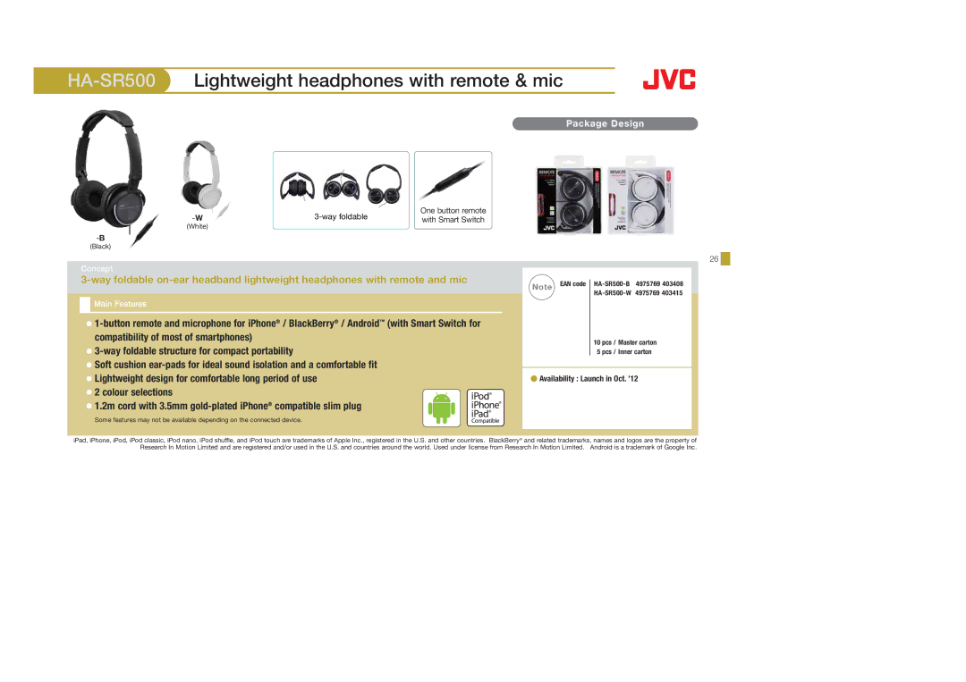 JVC HAEBX5B, HAS400W, HAS400B, HAFX40B, HAFX101R, HAFX5B, HAFX101B, HAFX101G HA-SR500Lightweight headphones with remote & mic 