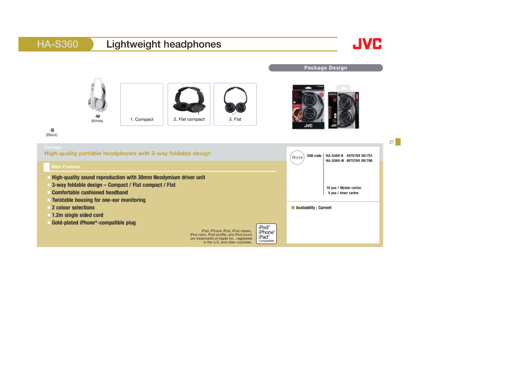 JVC HAEBR80B, HAS400W, HAS400B HA-S360Lightweight headphones, High-quality portable headphones with 3-way foldable design 