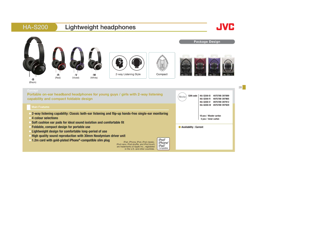 JVC HAS400W, HAS400B, HAFX40B, HAFX101R, HAFX5B manual HA-S200Lightweight headphones, Foldable, compact design for portable use 