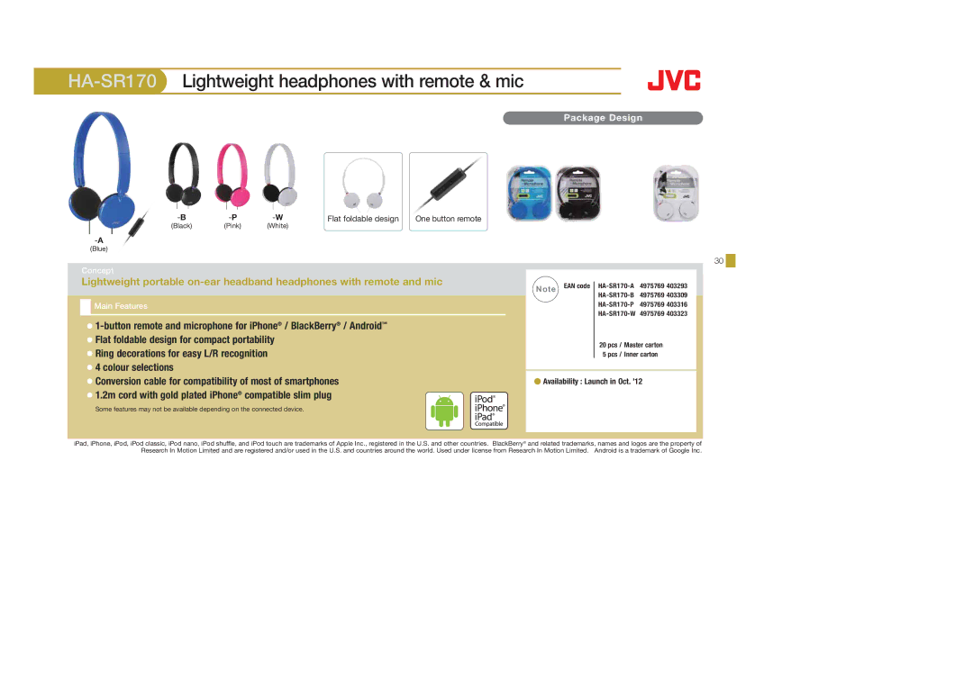 JVC HAFX40B, HAS400W, HAS400B manual Flat foldable design for compact portability, Ring decorations for easy L/R recognition 