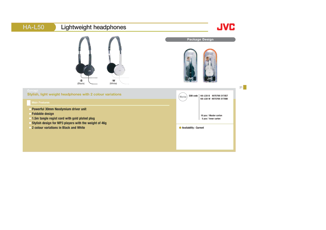 JVC HAFX101R, HAS400W, HAS400B, HAFX40B, HAFX5B, HAFX101B, HAFX101G, HA-S600-W, HA-FX5B, HA-S650 manual HA-L50Lightweight headphones 