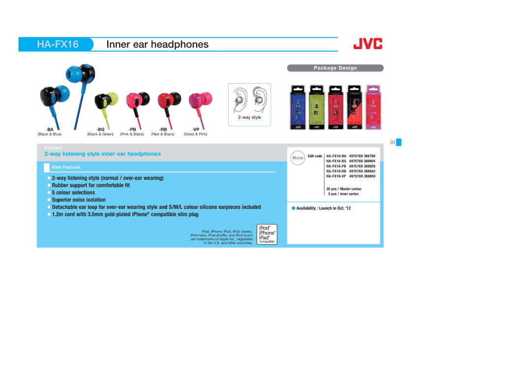 JVC HAFX101B, HAS400W, HAS400B HA-FX16Inner ear headphones, Rubber support for comfortable fit, Superior noise isolation 