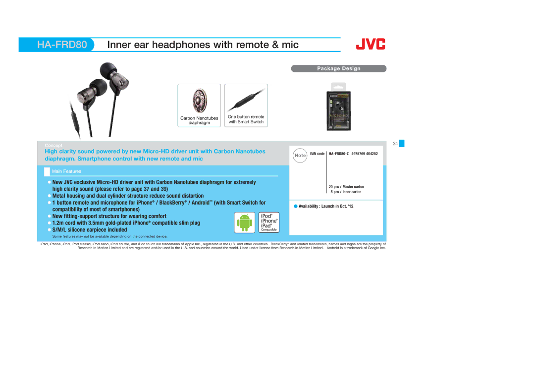 JVC HAFX101G, HAS400W, HAS400B HA-FRD80, Inner ear headphones with remote & mic, High clarity sound please refer to page 37 