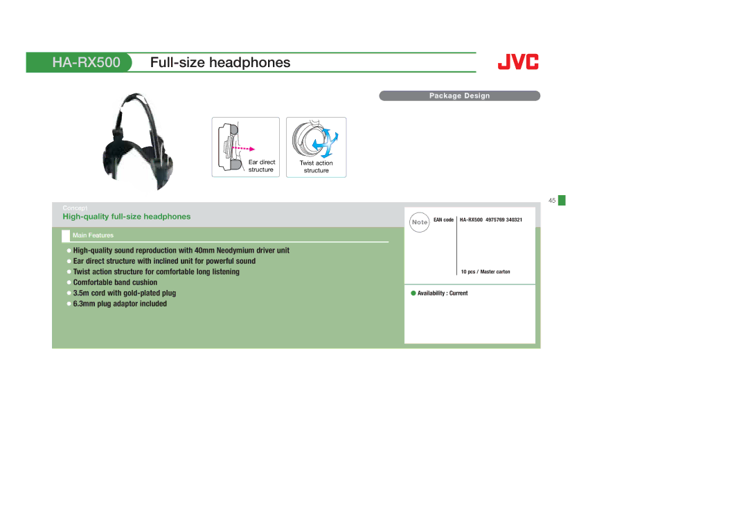 JVC HAFX101R, HAS400W, HAS400B, HAFX40B, HAFX5B, HAFX101B manual HA-RX500Full-size headphones, High-quality full-size headphones 