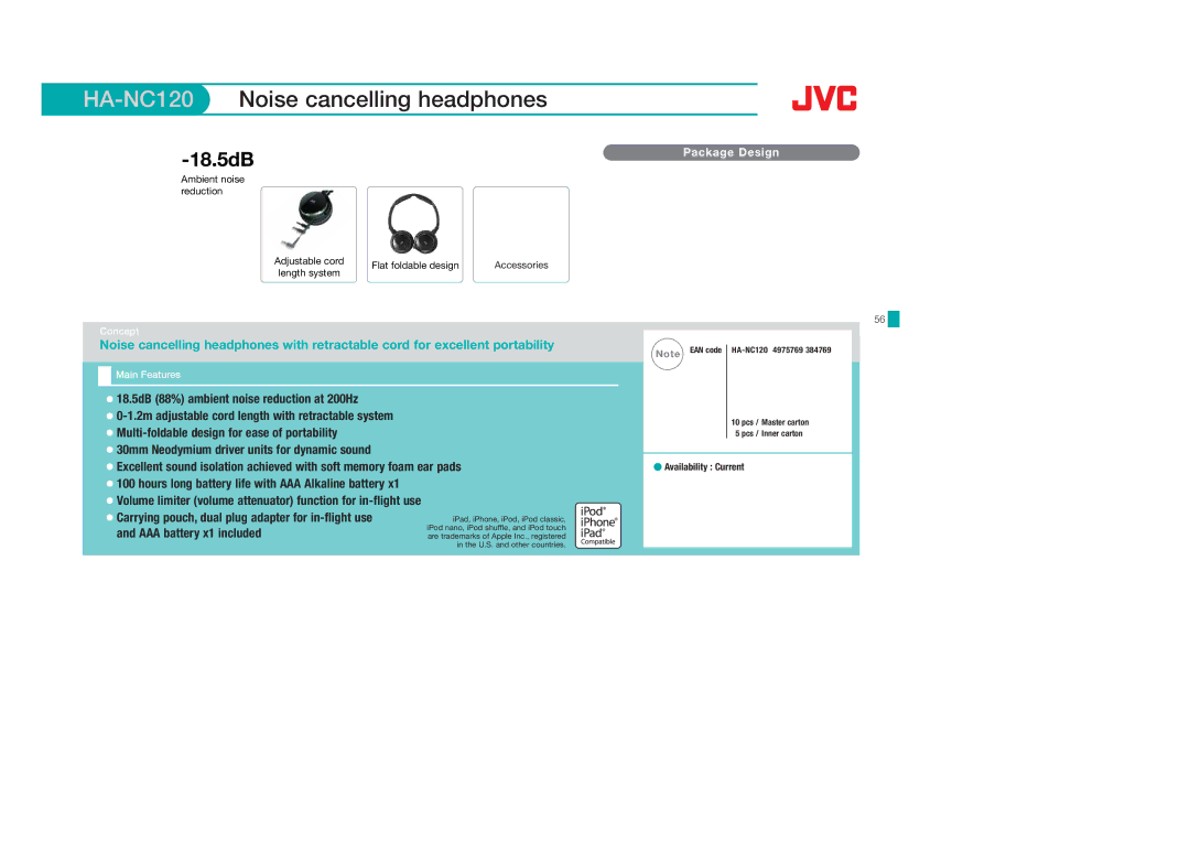 JVC HAS400W, HAS400B, HAFX40B, HAFX101R, HAFX5B, HAFX101B, HAFX101G, HA-S600-W manual HA-NC120Noise cancelling headphones, 18.5dB 