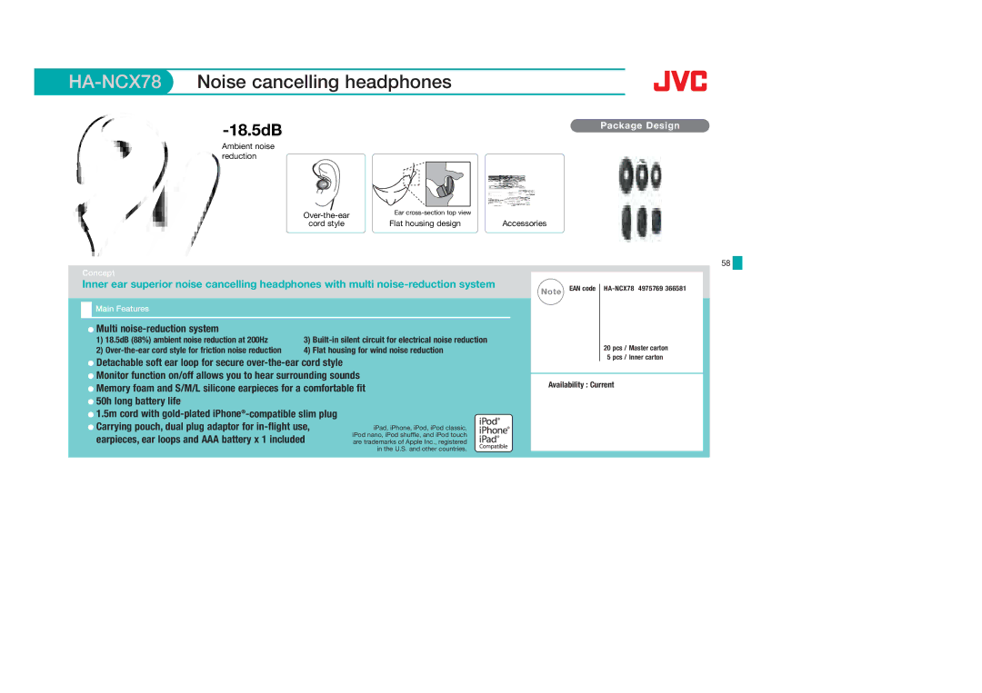 JVC HAFX40B, HAS400W, HAS400B, HAFX101R, HAFX5B, HAFX101B, HAF10C HA-NCX78, Multi noise-reduction system, 50h long battery life 