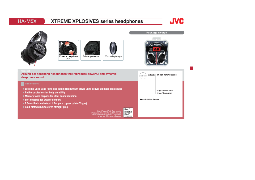 JVC HAF10C, HAS400W, HAS400B, HAFX40B, HAFX101R, HAFX5B, HAFX101B, HAFX101G, HA-S600-W HA-M5X, XTREME XPLOSIVES series headphones 