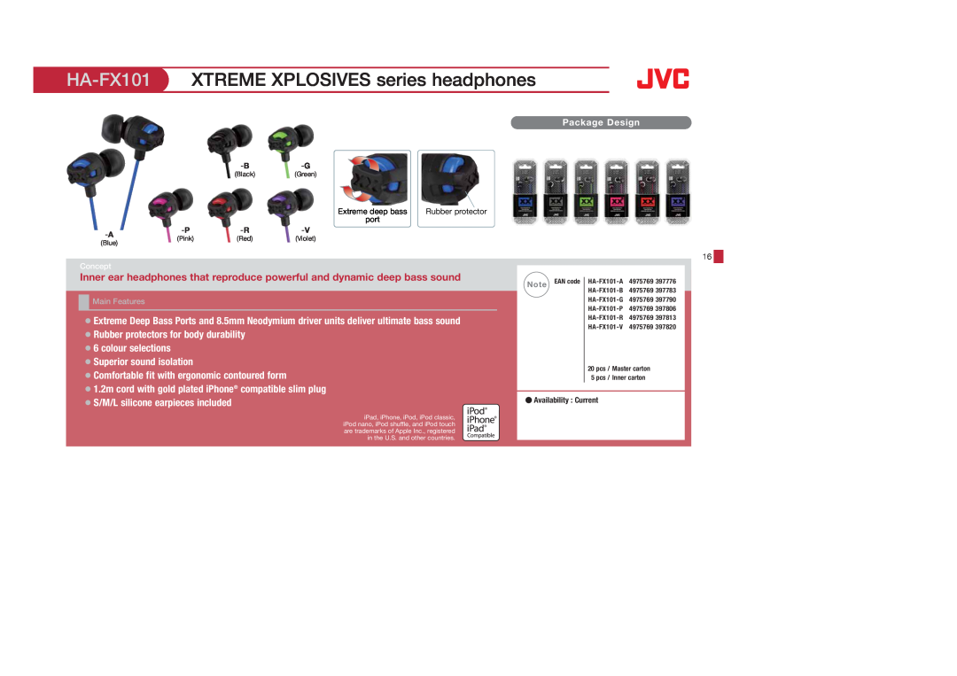 JVC HAFX40B HA-FX101 XTREME XPLOSIVES series headphones, Extreme deep bass, Rubber protector, port, Concept, Main Features 