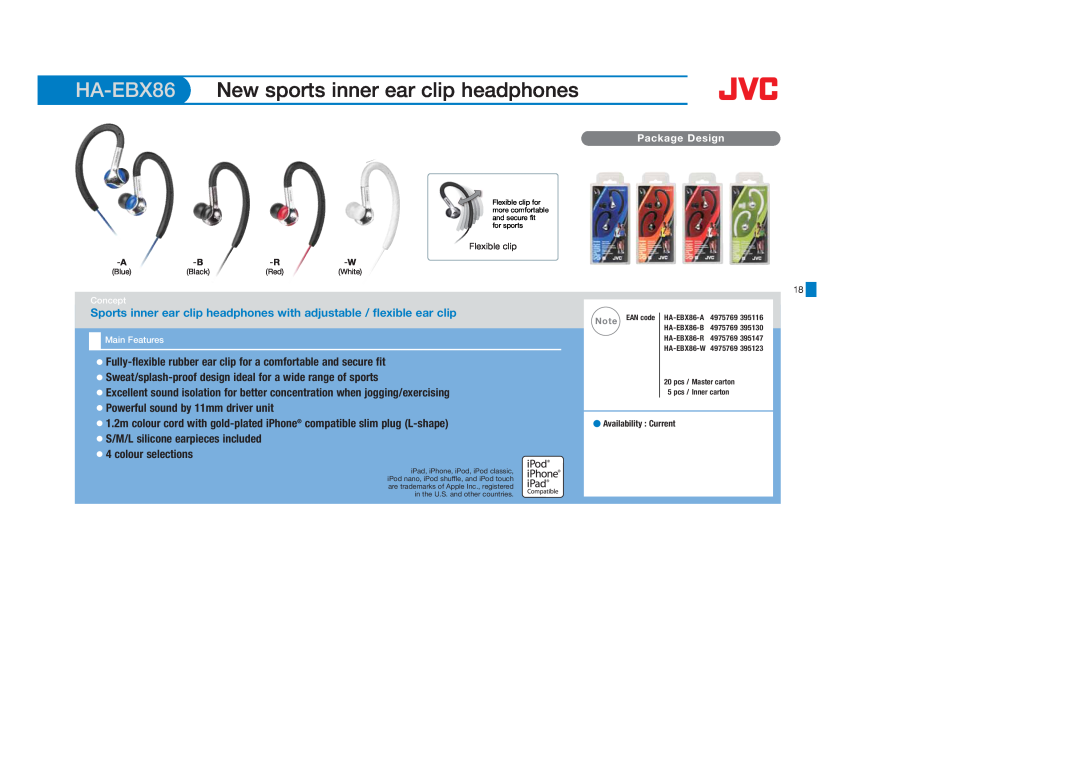 JVC HAFX5B manual HA-EBX86 New sports inner ear clip headphones, Concept, Main Features, Availability Current, Black, Blue 