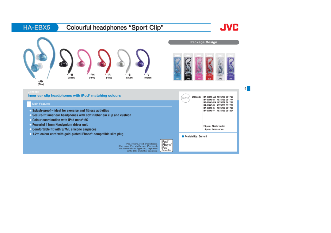 JVC HAFX101B manual HA-EBX5, Colourful headphones “Sport Clip”, Concept, Main Features, Availability Current, Black, Pink 
