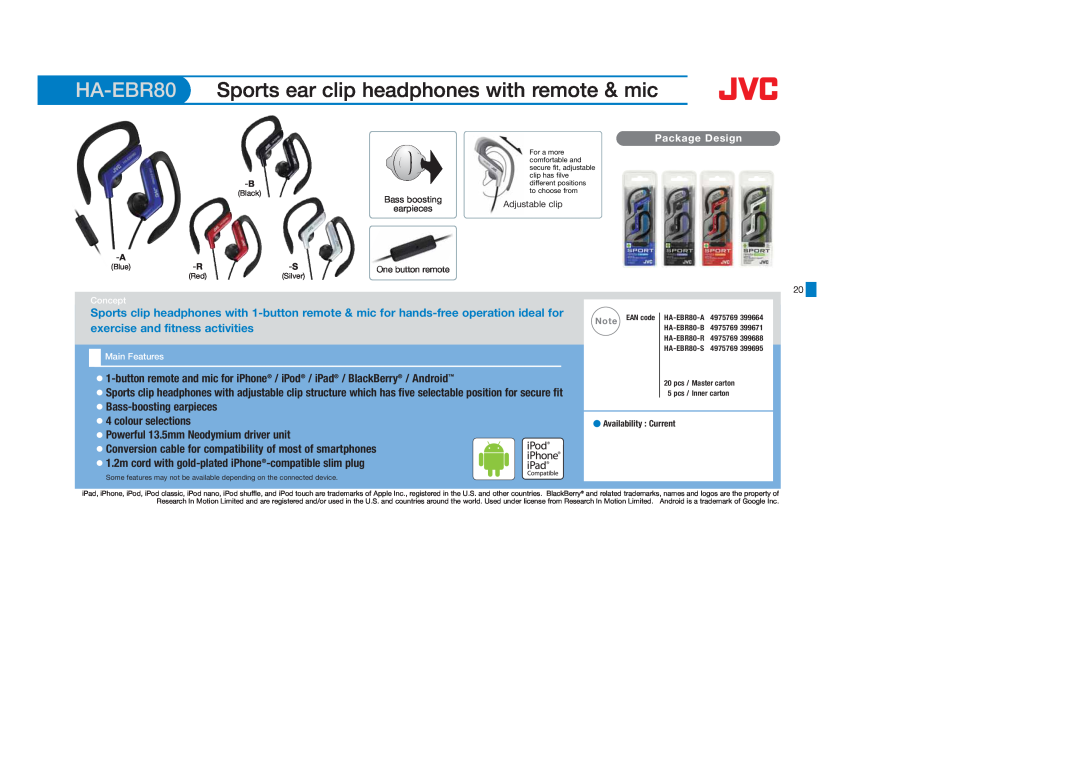 JVC HAFX101G HA-EBR80, Sports ear clip headphones with remote & mic, Concept, Main Features, Availability Current, Blue 